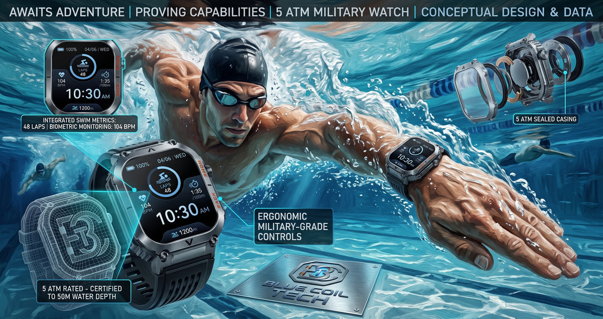 A promotional graphic for a military-grade smartwatch. A male swimmer is shown underwater in the center, wearing the watch.