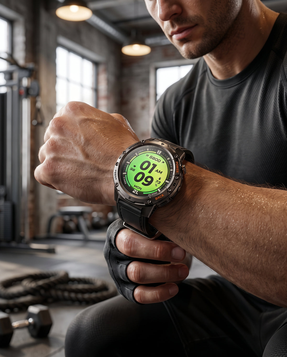 A close-up lifestyle shot of a man in a gym checking the time on his rugged black smartwatch with a bright green display screen.