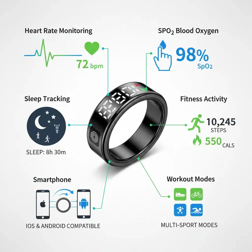 Gwenland Smart Ring Health Ring - Smart Rings for Women Men Fitness Tracker Ring with LED Display Screen Sleep Tracker Ring Compatible with iOS/Android Activity Tracker/Heart Rate/SpO2/Sleep/Step - The Blue Coil Smart Ring 