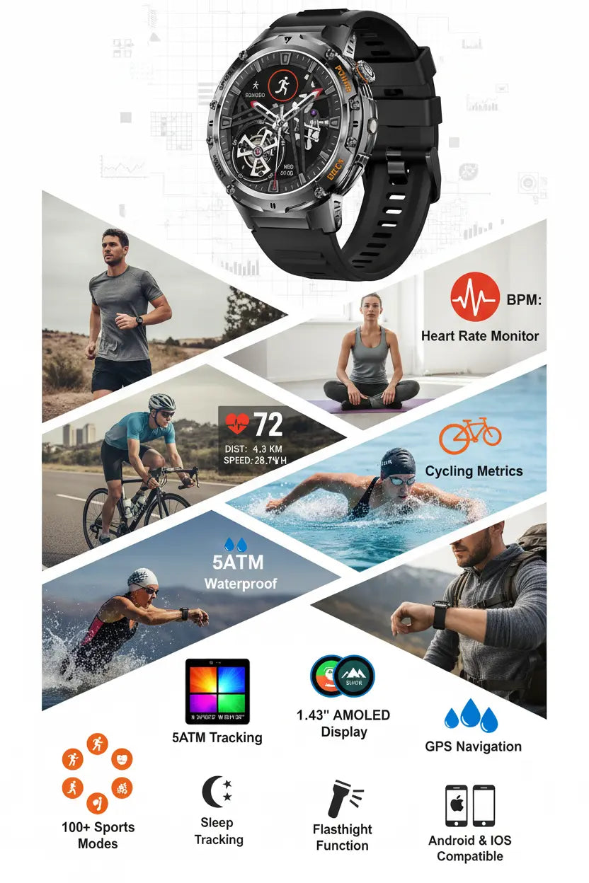 HIRREO Military Smart Watch for Men Flashlight 100+ Sports Modes Fitness Tracker Smartwatch 1.43 AMOLED Display 5ATM Waterproof Heart Rate/Sleep Monitor Mens Smart Watches for Android iOS