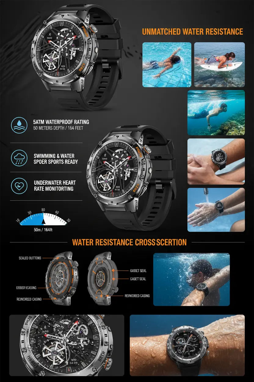 HIRREO Military Smart Watch for Men Flashlight 100+ Sports Modes Fitness Tracker Smartwatch 1.43 AMOLED Display 5ATM Waterproof Heart Rate/Sleep Monitor Mens Smart Watches for Android iOS