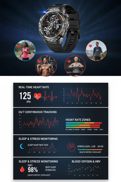 HIRREO Military Smart Watch for Men Flashlight 100+ Sports Modes Fitness Tracker Smartwatch 1.43 AMOLED Display 5ATM Waterproof Heart Rate/Sleep Monitor Mens Smart Watches for Android iOS