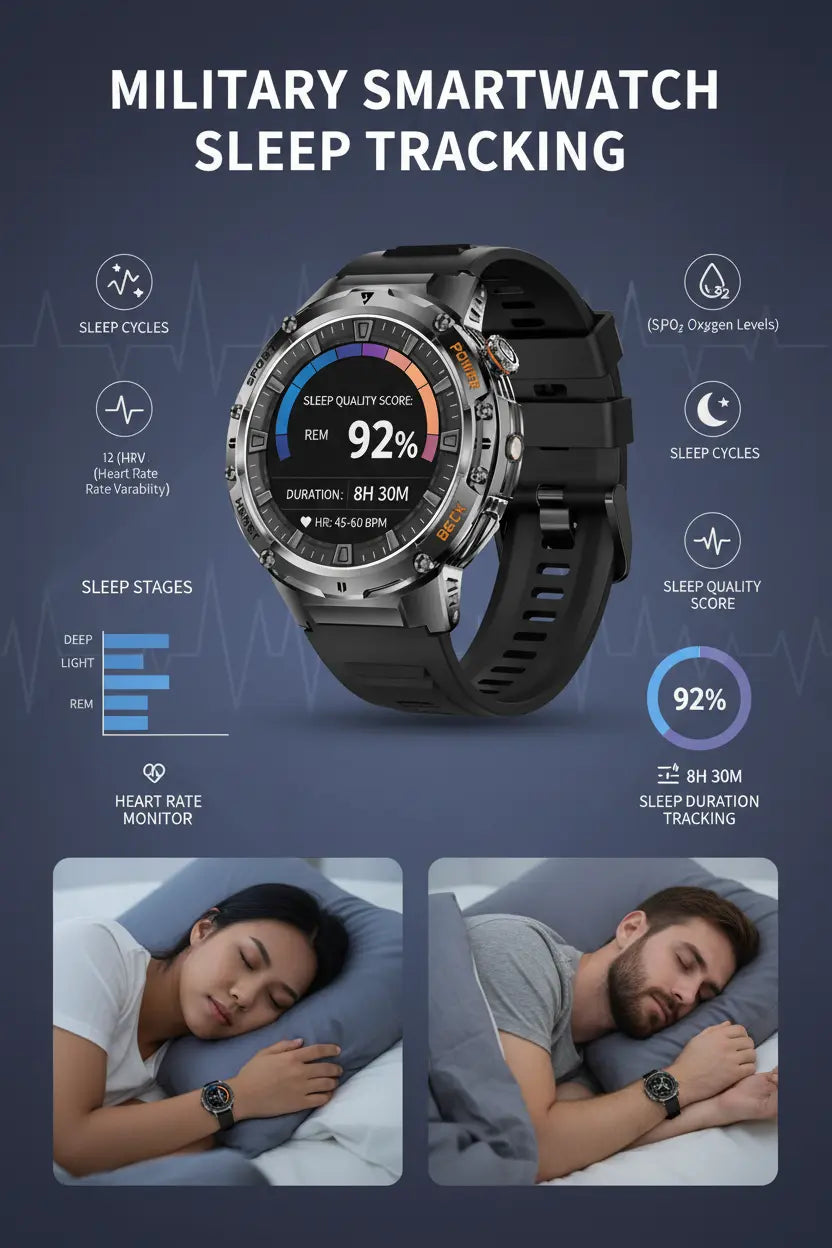 HIRREO Military Smart Watch for Men Flashlight 100+ Sports Modes Fitness Tracker Smartwatch 1.43 AMOLED Display 5ATM Waterproof Heart Rate/Sleep Monitor Mens Smart Watches for Android iOS