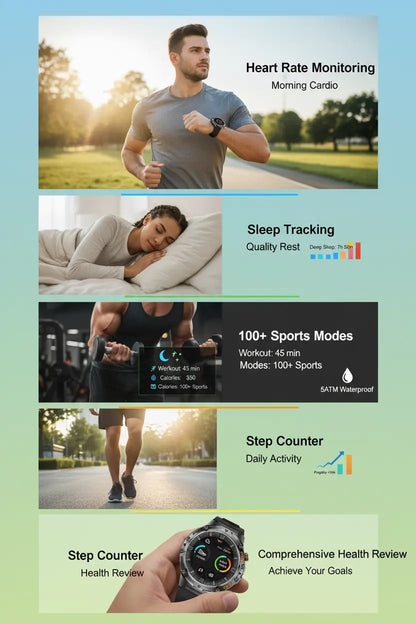 HIRREO Military Smart Watch for Men Flashlight 100+ Sports Modes Fitness Tracker Smartwatch 1.43 AMOLED Display 5ATM Waterproof Heart Rate/Sleep Monitor Mens Smart Watches for Android iOS