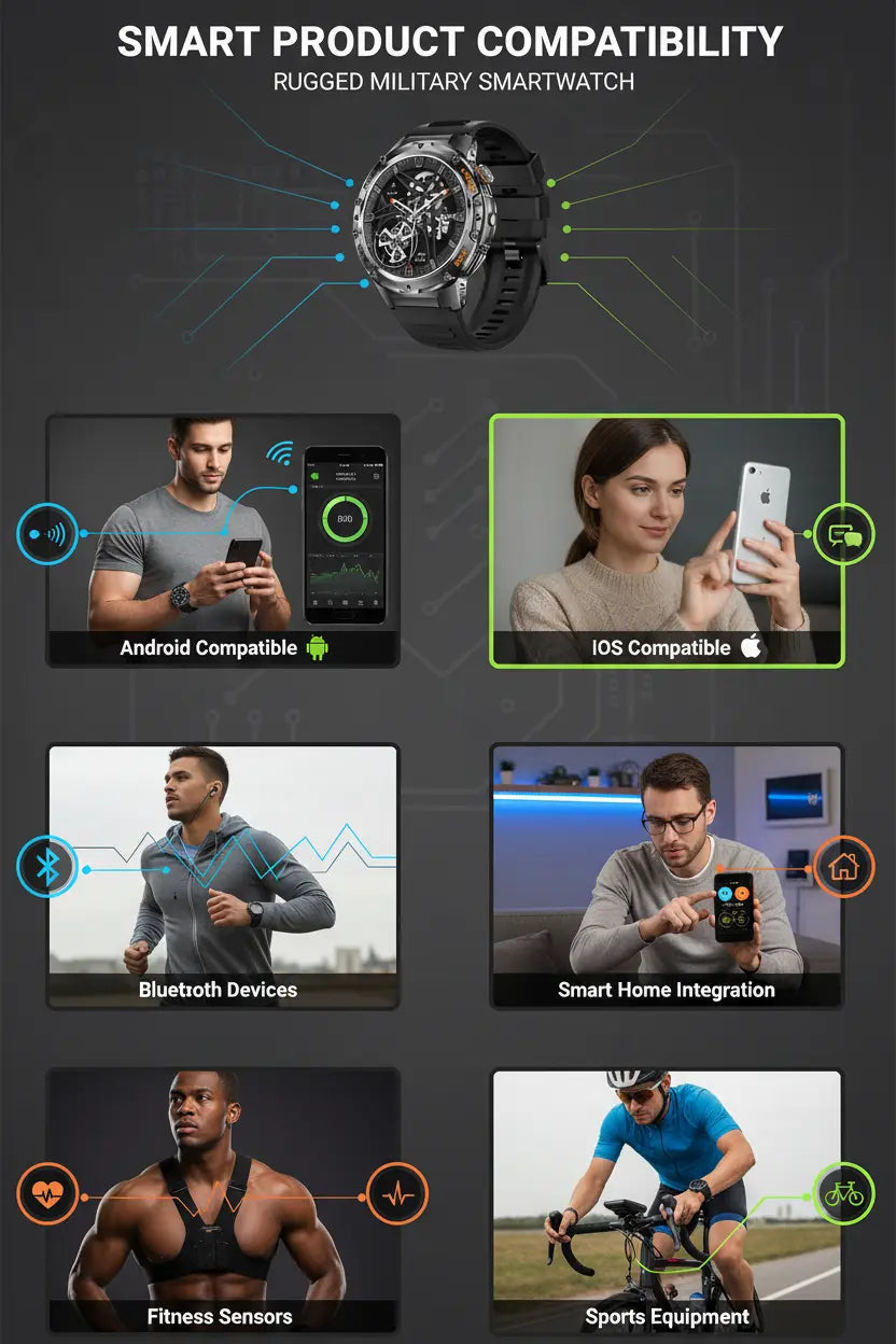 HIRREO Military Smart Watch for Men Flashlight 100+ Sports Modes Fitness Tracker Smartwatch 1.43 AMOLED Display 5ATM Waterproof Heart Rate/Sleep Monitor Mens Smart Watches for Android iOS