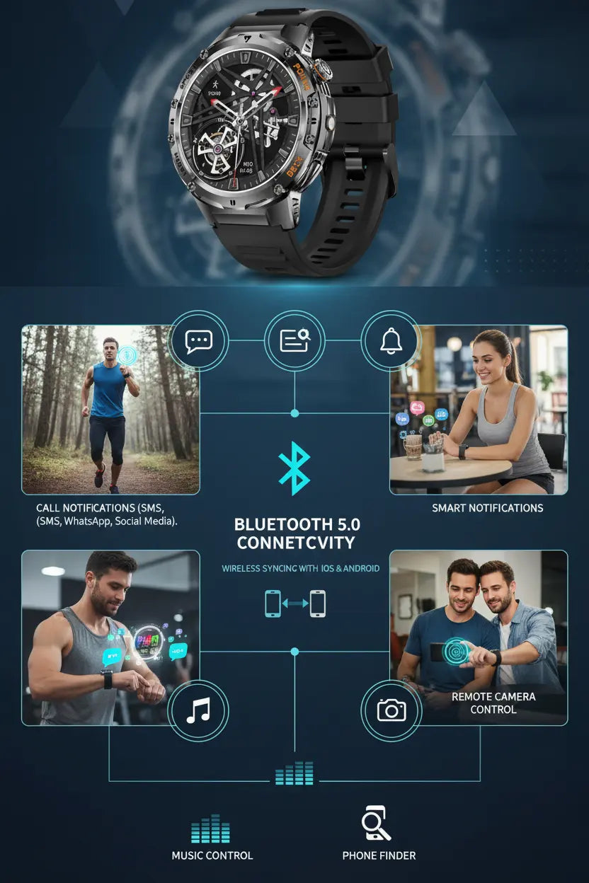 HIRREO Military Smart Watch for Men Flashlight 100+ Sports Modes Fitness Tracker Smartwatch 1.43 AMOLED Display 5ATM Waterproof Heart Rate/Sleep Monitor Mens Smart Watches for Android iOS