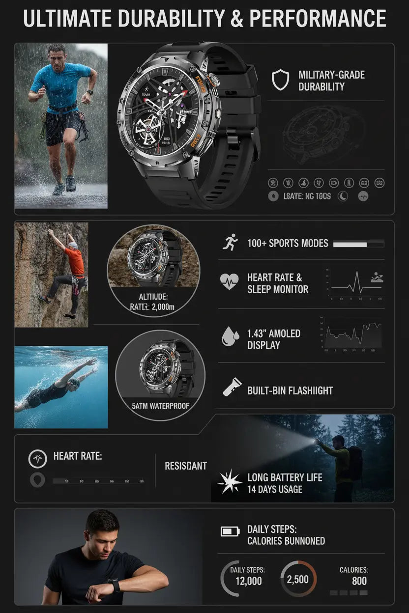 HIRREO Military Smart Watch for Men Flashlight 100+ Sports Modes Fitness Tracker Smartwatch 1.43 AMOLED Display 5ATM Waterproof Heart Rate/Sleep Monitor Mens Smart Watches for Android iOS