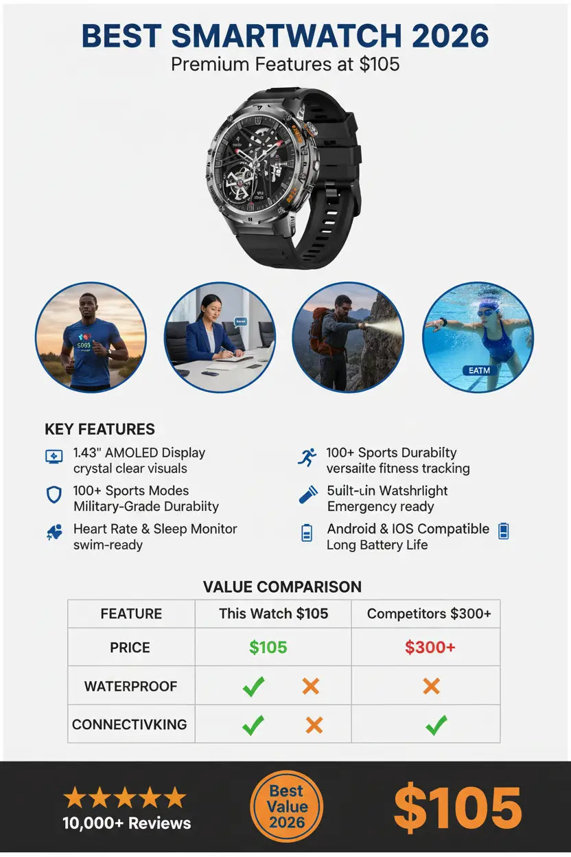 HIRREO Military Smart Watch for Men Flashlight 100+ Sports Modes Fitness Tracker Smartwatch 1.43 AMOLED Display 5ATM Waterproof Heart Rate/Sleep Monitor Mens Smart Watches for Android iOS