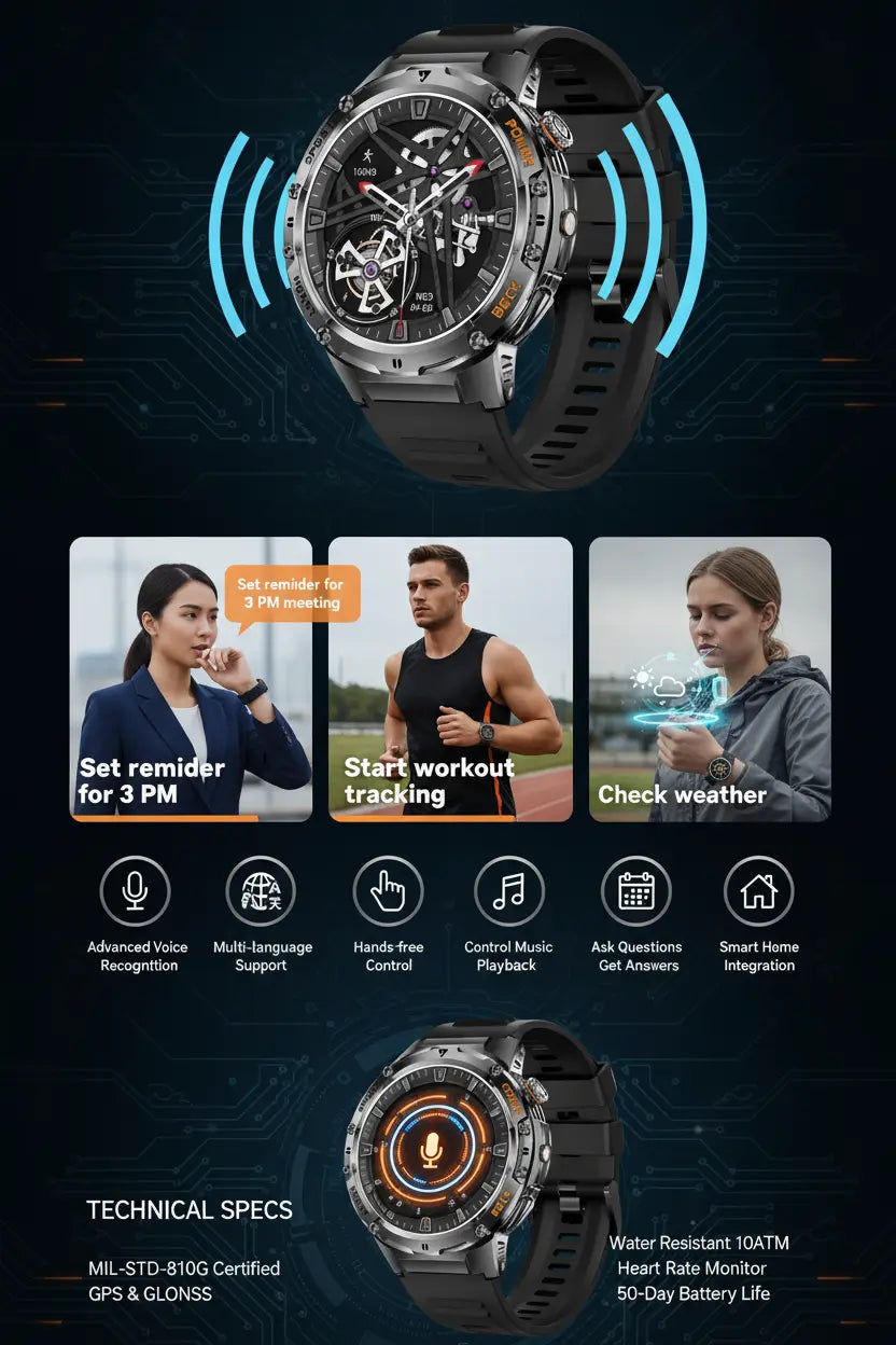HIRREO Military Smart Watch for Men Flashlight 100+ Sports Modes Fitness Tracker Smartwatch 1.43 AMOLED Display 5ATM Waterproof Heart Rate/Sleep Monitor Mens Smart Watches for Android iOS