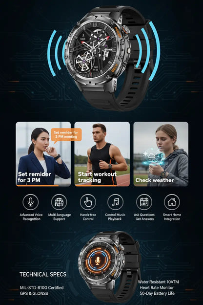 HIRREO Military Smart Watch for Men Flashlight 100+ Sports Modes Fitness Tracker Smartwatch 1.43 AMOLED Display 5ATM Waterproof Heart Rate/Sleep Monitor Mens Smart Watches for Android iOS