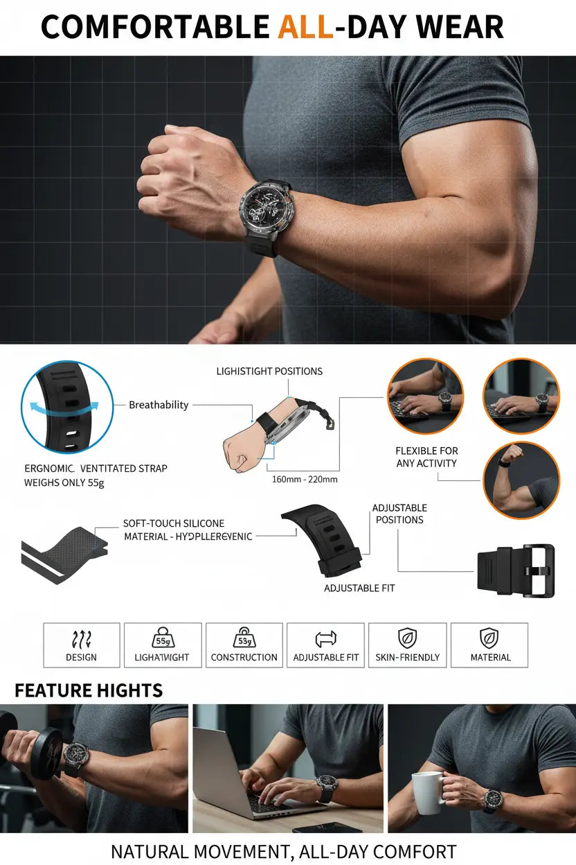 HIRREO Military Smart Watch for Men Flashlight 100+ Sports Modes Fitness Tracker Smartwatch 1.43 AMOLED Display 5ATM Waterproof Heart Rate/Sleep Monitor Mens Smart Watches for Android iOS