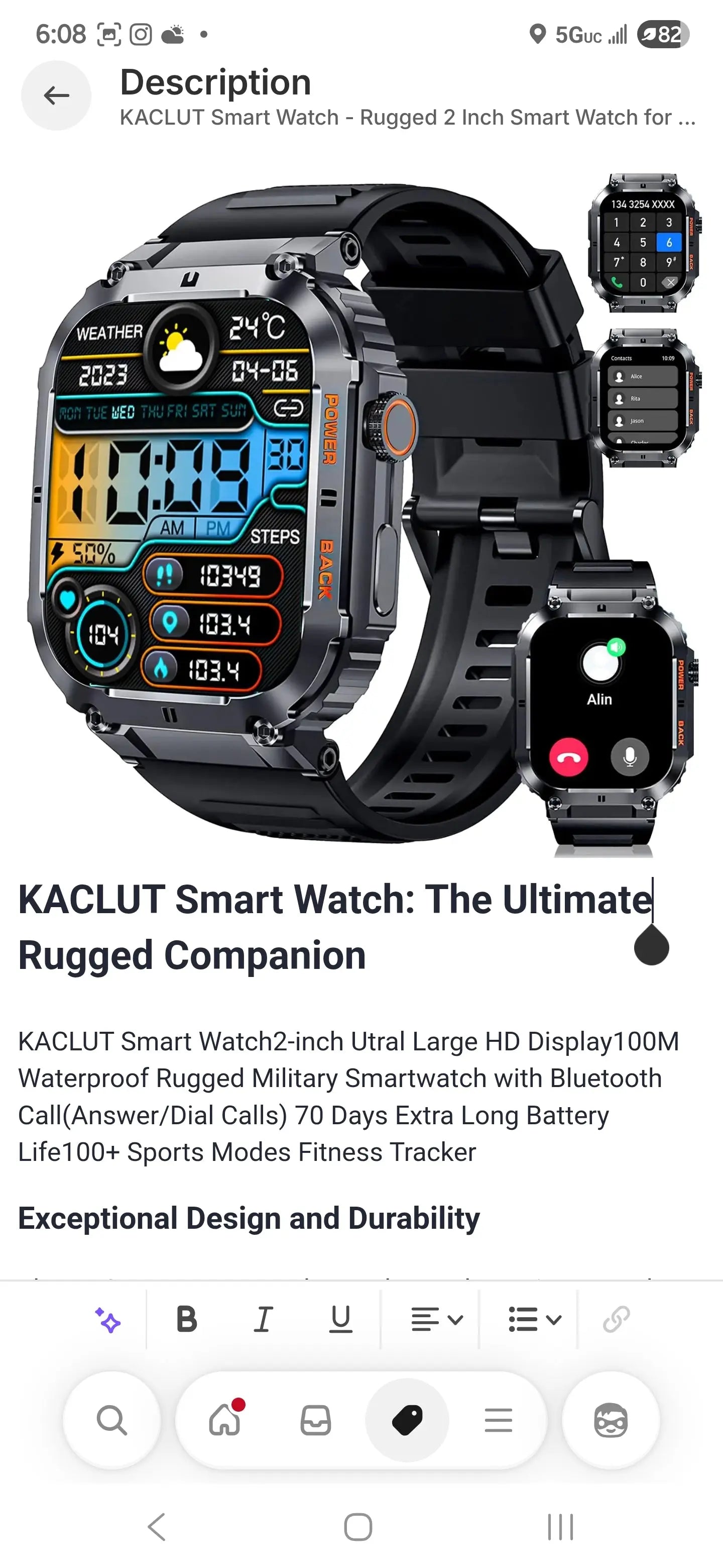 KACLUT Smart Watch - Rugged 2 Inch Smart Watch for Android Phones