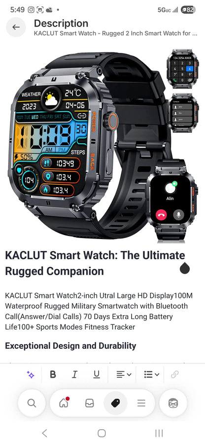 KACLUT Smart Watch - Rugged 2 Inch Smart Watch for Android Phones