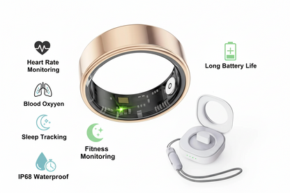 LICNPHLL Smart Ring for Men & Women Smart Ring Health Tracker Blood Oxygen & Heart Rate Monitor Sleep Ring Wearable IP68 Waterproof Fitness Monitor Long Lasting Battery Smart Ring (Gold 7) - The Blue Coil Smart Ring 