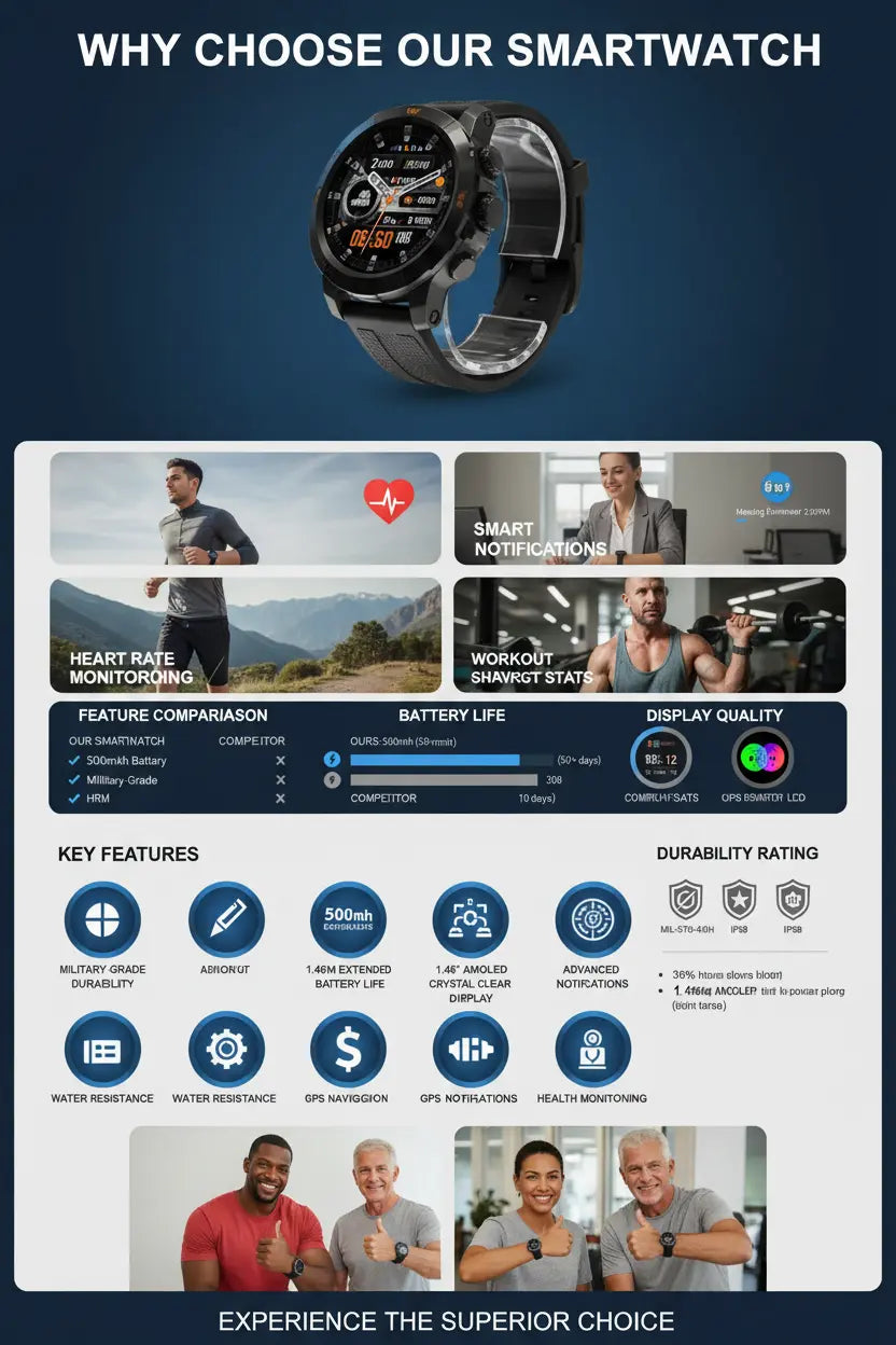 Military Smart Watch for Men - 1.46 AMOLED/500mAh Fitness Tracker
