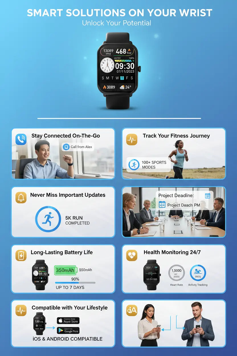 Smart Watch 1.96″ with Bluetooth Call Message Alert Smart Watch for Men 350mAh with 100+ Sports Modes for iOS Android