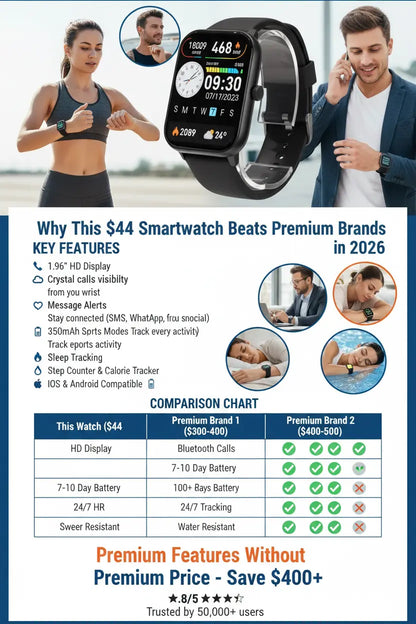 Smart Watch 1.96″ with Bluetooth Call Message Alert Smart Watch for Men 350mAh with 100+ Sports Modes for iOS Android