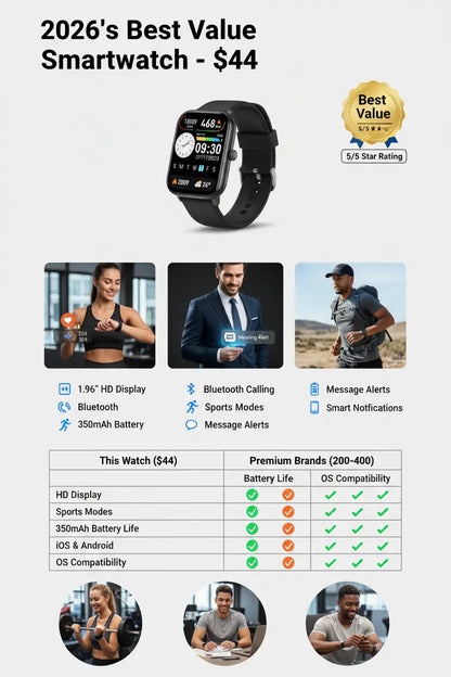 Smart Watch 1.96″ with Bluetooth Call Message Alert Smart Watch for Men 350mAh with 100+ Sports Modes for iOS Android
