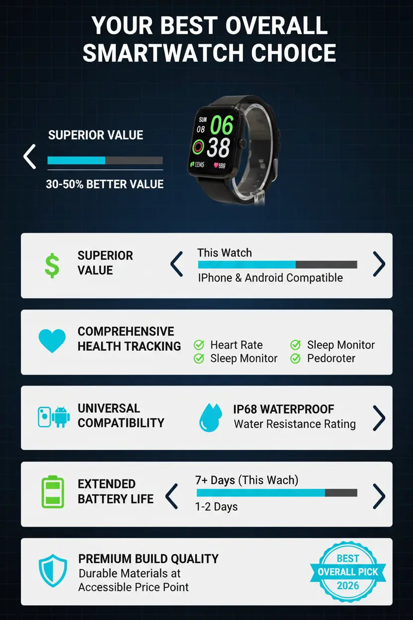 Smart Watch for Men Women Fitness Tracker Watch for iPhone Samsung Android Phone Compatible SmartWatch with Pedometer Heart Rate/Sleep Monitor Blood Oxygen IP68 Waterproof (Black)