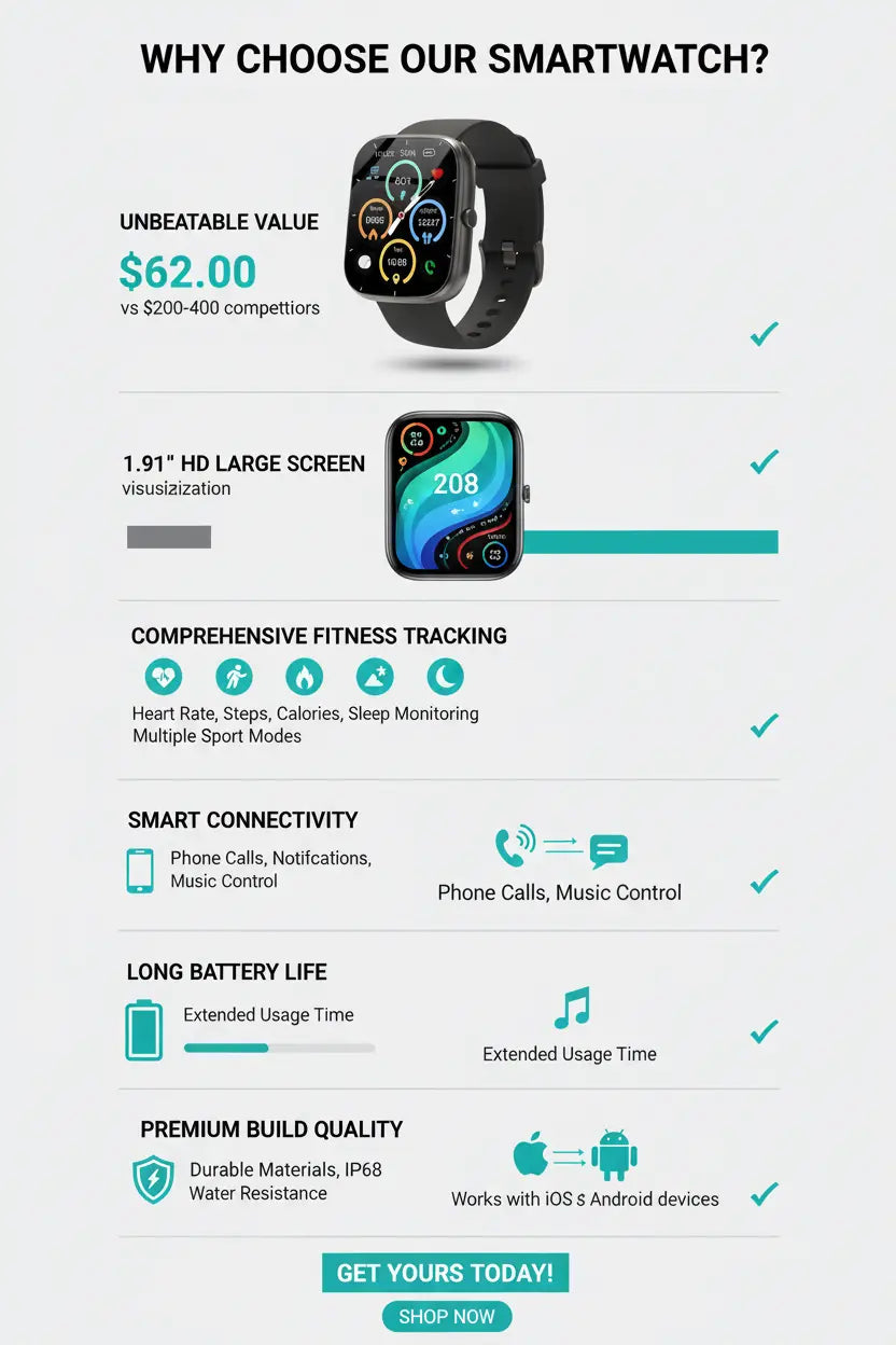 Smartwatch for Women and Men, 191 HD Large Screen, Fitness Tracker, Phone Function