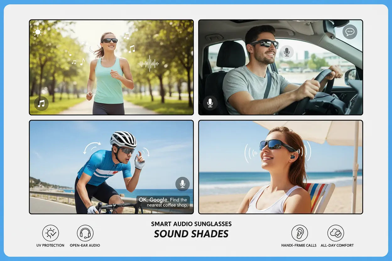 Sports Smart Glasses for Men Women Open Ear 5.3 Connectivity Sunglasses IPX4 Waterproof Magnetic Charging Noise Reduction with Speaker for Bike Outdoor Cycling Running Black Bluetooth Sunglasses - The Blue Coil Smart Glasses 