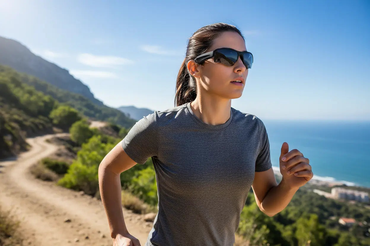 Sports Smart Glasses for Men Women Open Ear 5.3 Connectivity Sunglasses IPX4 Waterproof Magnetic Charging Noise Reduction with Speaker for Bike Outdoor Cycling Running Black Bluetooth Sunglasses - The Blue Coil Smart Glasses 