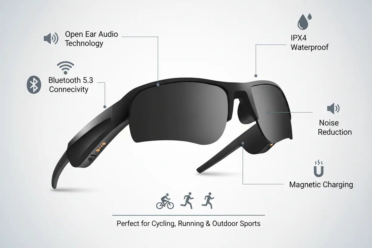 Sports Smart Glasses for Men Women Open Ear 5.3 Connectivity Sunglasses IPX4 Waterproof Magnetic Charging Noise Reduction with Speaker for Bike Outdoor Cycling Running Black Bluetooth Sunglasses The Blue Coil