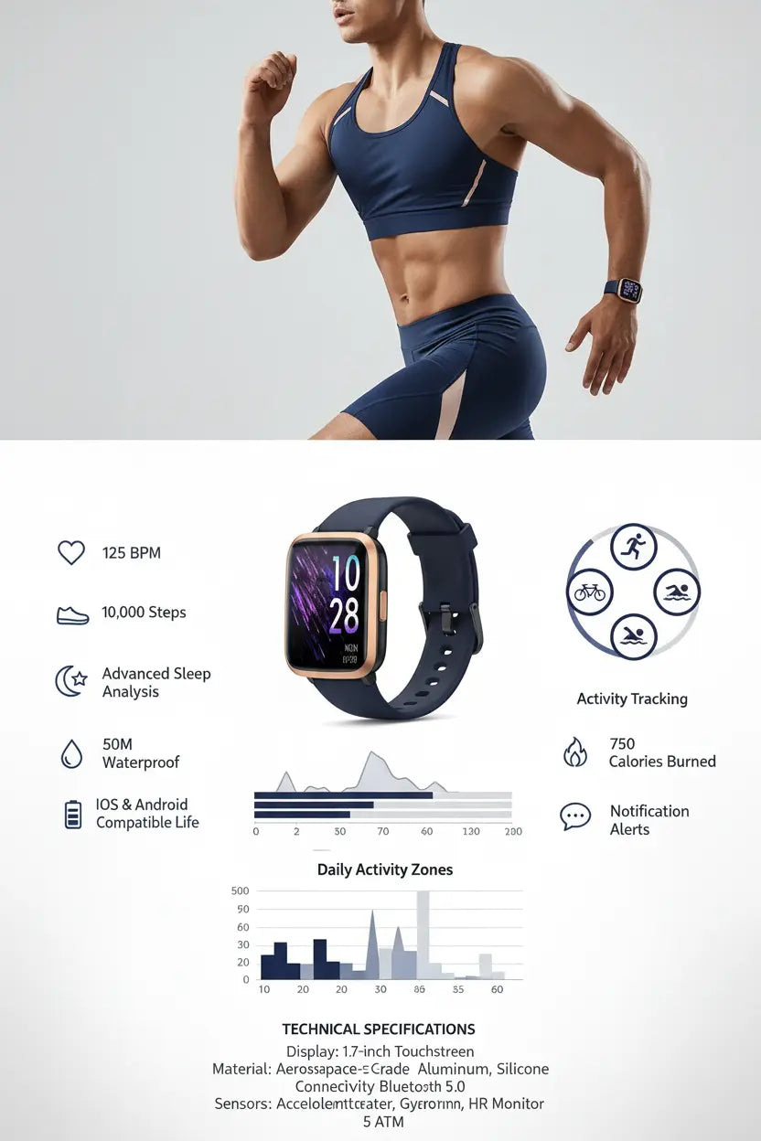 Stiive Fitness Tracker Smart Watch for Men Women Activity Fitness Watch with Heart Rate Monitor Pedometer Sleep Monitor 50 Meters Waterproof Step Tracker Compatible with iOS & Android Phones
