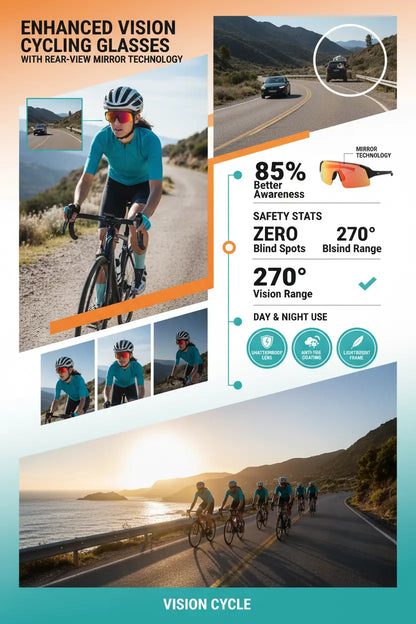 TriEye Cycling Glasses - Cycling Glasses with Rear-view Mirror - Cycling Sunglasses for Men & Women - Sports Sunglasses Cycling Goggles UV-400 - Durable Bicycle Glasses (Red)