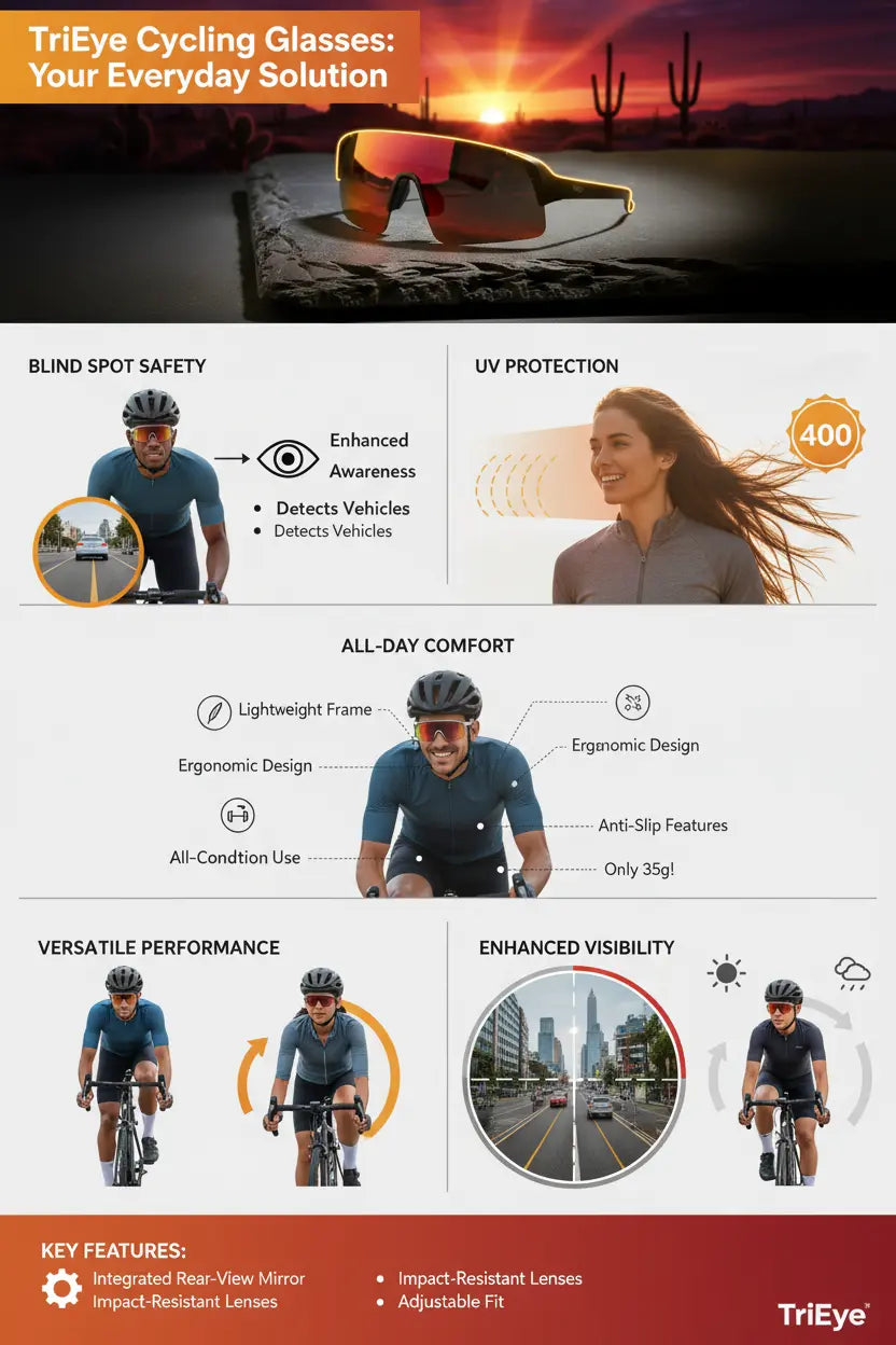 TriEye Cycling Glasses - Cycling Glasses with Rear-view Mirror - Cycling Sunglasses for Men & Women - Sports Sunglasses Cycling Goggles UV-400 - Durable Bicycle Glasses (Red)