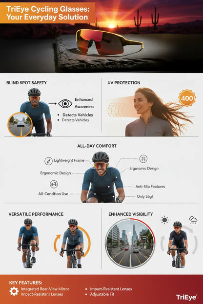 TriEye Cycling Glasses - Cycling Glasses with Rear-view Mirror - Cycling Sunglasses for Men & Women - Sports Sunglasses Cycling Goggles UV-400 - Durable Bicycle Glasses (Red)