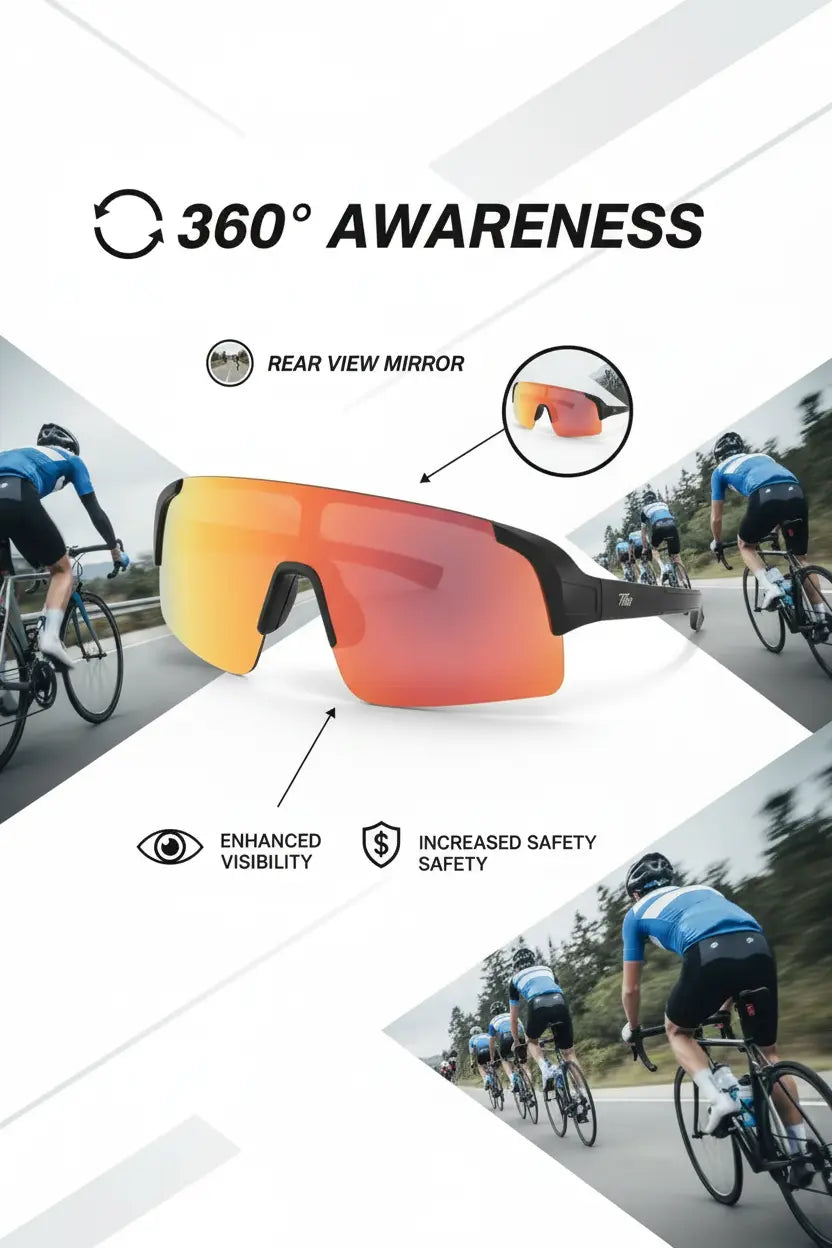 TriEye Cycling Glasses - Cycling Glasses with Rear-view Mirror - Cycling Sunglasses for Men & Women - Sports Sunglasses Cycling Goggles UV-400 - Durable Bicycle Glasses (Red)