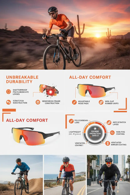 TriEye Cycling Glasses - Cycling Glasses with Rear-view Mirror - Cycling Sunglasses for Men & Women - Sports Sunglasses Cycling Goggles UV-400 - Durable Bicycle Glasses (Red)