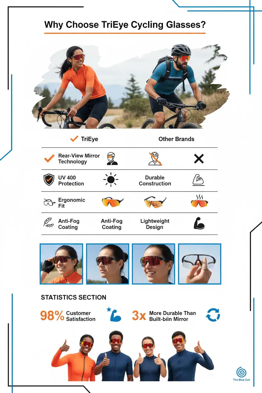 TriEye Cycling Glasses - Cycling Glasses with Rear-view Mirror - Cycling Sunglasses for Men & Women - Sports Sunglasses Cycling Goggles UV-400 - Durable Bicycle Glasses (Red)