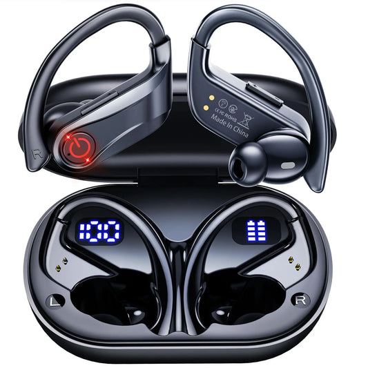Wireless Earbuds Bluetooth Headphones Sports Over-Ear Bluetooth 5.3 Ear Buds with Earhooks 120H Playtime Wireless Headphones for Workout Waterproof Bluetooth LED Power Display Black