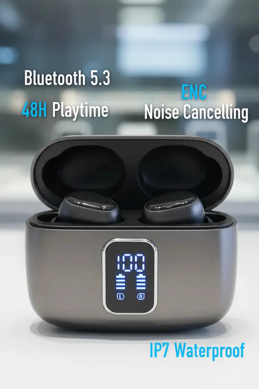 Wireless Earbuds Bluetooth 5.3 Headphones Ear Buds Wireless Earbuds Bluetooth with 4 ENC Noise Cancelling Mic 48H Playtime HD Stereo LED Power Display IP7 Waterproof Wireless Earphones Jet Black