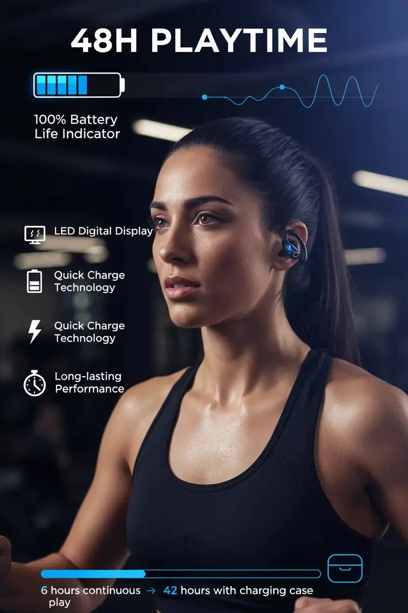 Wireless Earbuds Bluetooth 5.3 Headphones Stereo Bass ENC Noise Cancelling Mic HD Call Over Ear buds with Soft Earhooks for Sports 48H Playtime LED Display IP7 Waterproof Earphones for Android iOS Blue Coil Tech