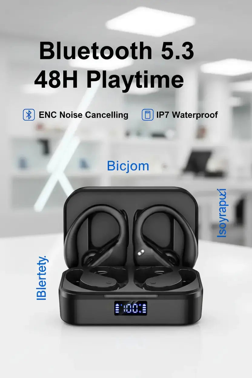 Wireless Earbuds Bluetooth 5.3 Headphones Stereo Bass ENC Noise Cancelling Mic HD Call Over Ear buds with Soft Earhooks for Sports 48H Playtime LED Display IP7 Waterproof Earphones for Android iOS Blue Coil Tech