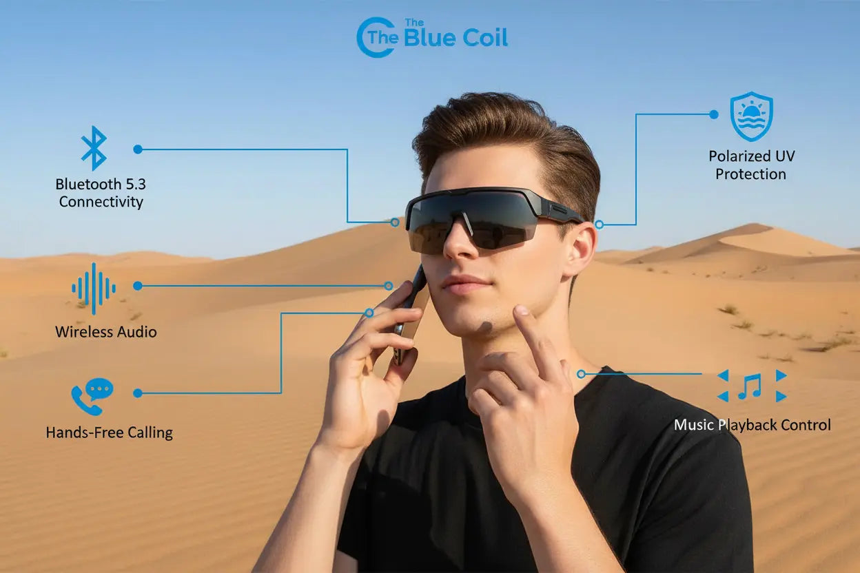 Ylivopo Smart Glass with Polarized UV Protection Bluetooth 5.3 Smart Glasses Fashionable Wireless Audio Sunglasses Hands-Free Calling and Music Smart Glasses for Men and Women (Gray) The Blue Coil