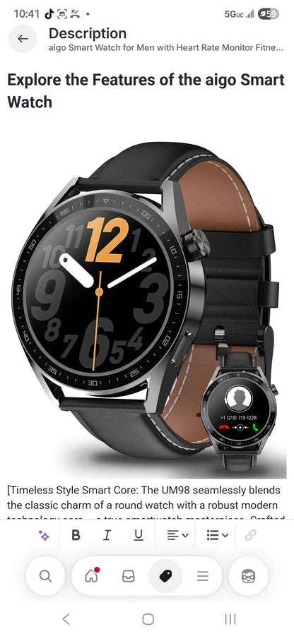 aigo Smart Watch for Men with Heart Rate Monitor Fitness Tracking Calorie Counter and Long Lasting Battery for iOS and Android Phones (Black)