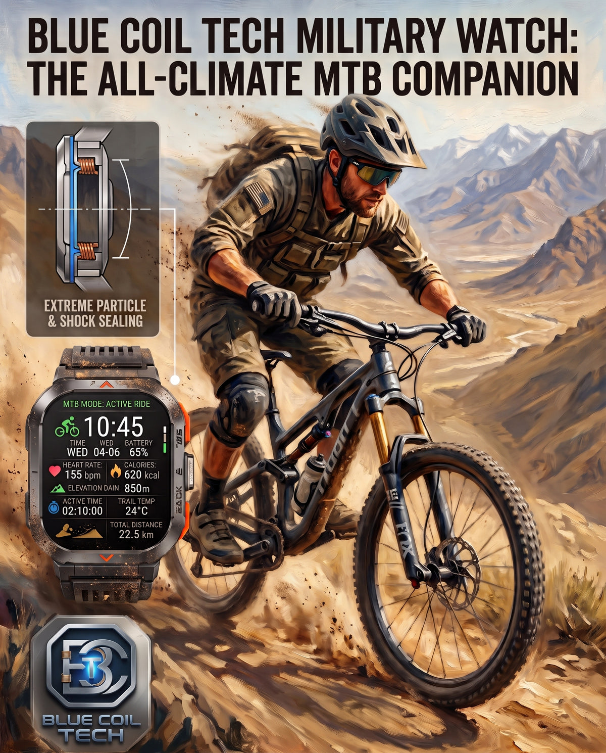 A graphic for the Blue Coil Tech Military Watch, featuring a mountain biker in a desert landscape, a close-up of the watch face, an inset diagram of the watch case showing shock and particle resistance, and the Blue Coil Tech logo at the bottom.