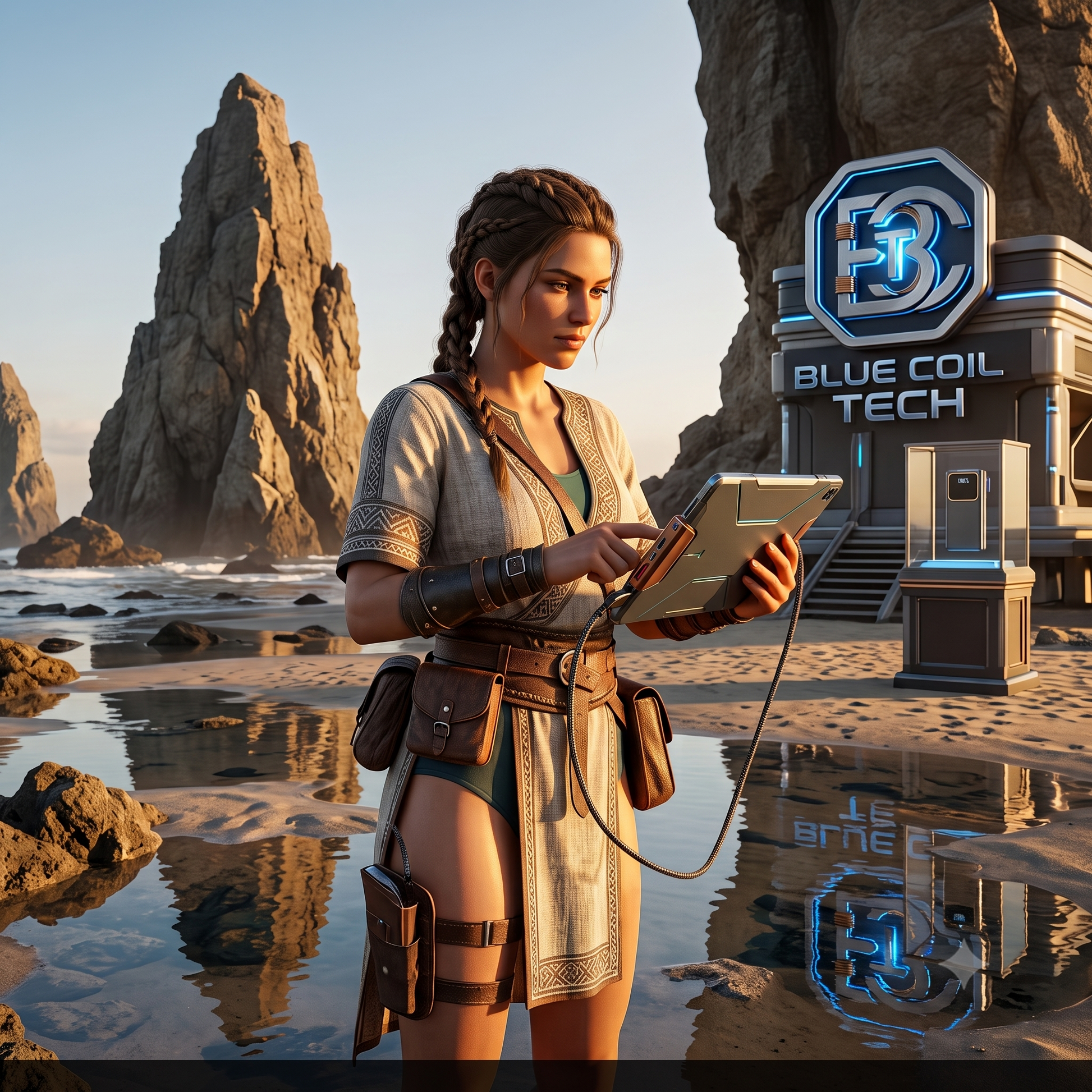 Woman on a rocky beach uses a tablet wired to a belt pouch charger, standing near a neon Blue Coil Tech sign.