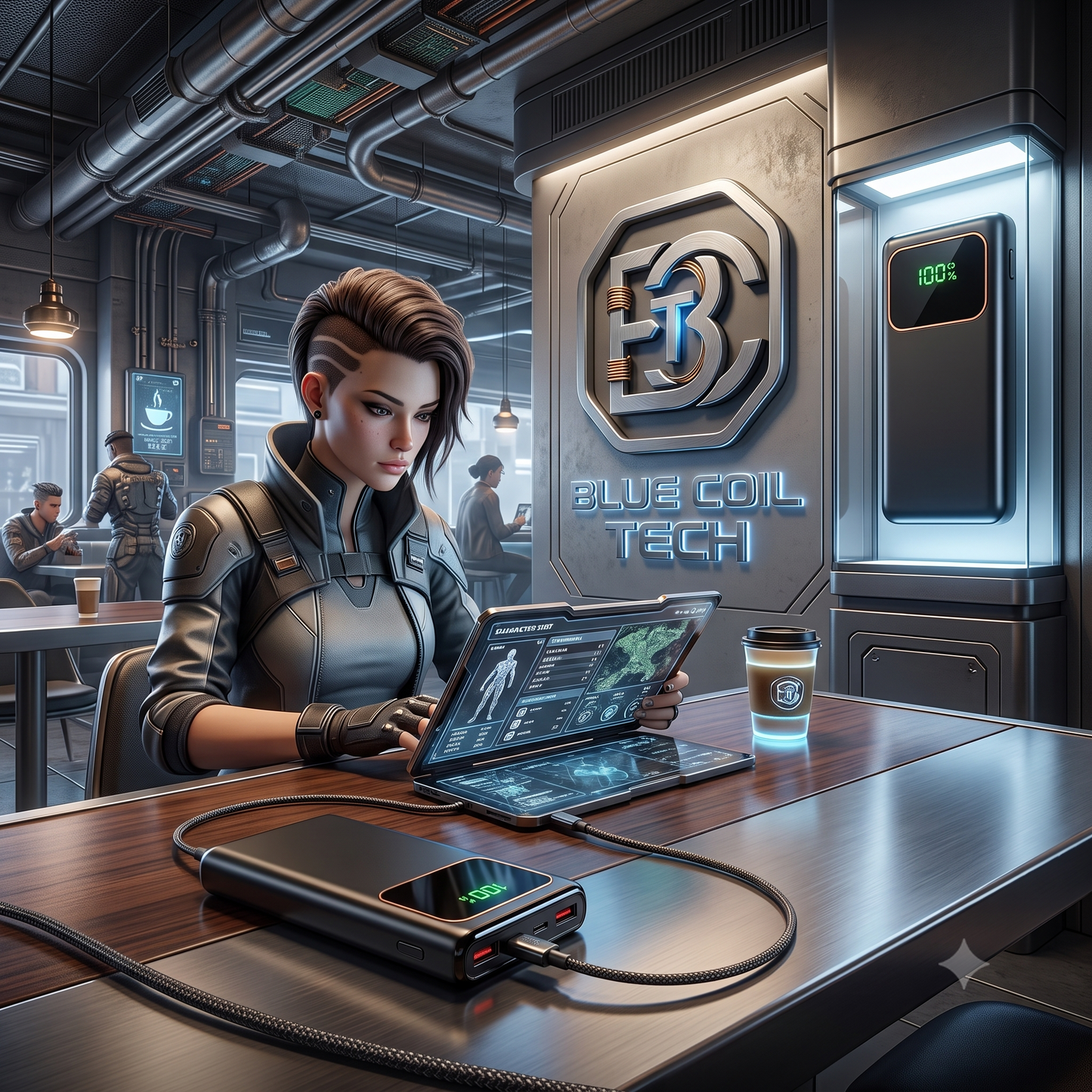 Black power bank showing 100% charges a cyberpunk woman's glowing laptop in a cafe with a Blue Coil Tech wall sign.