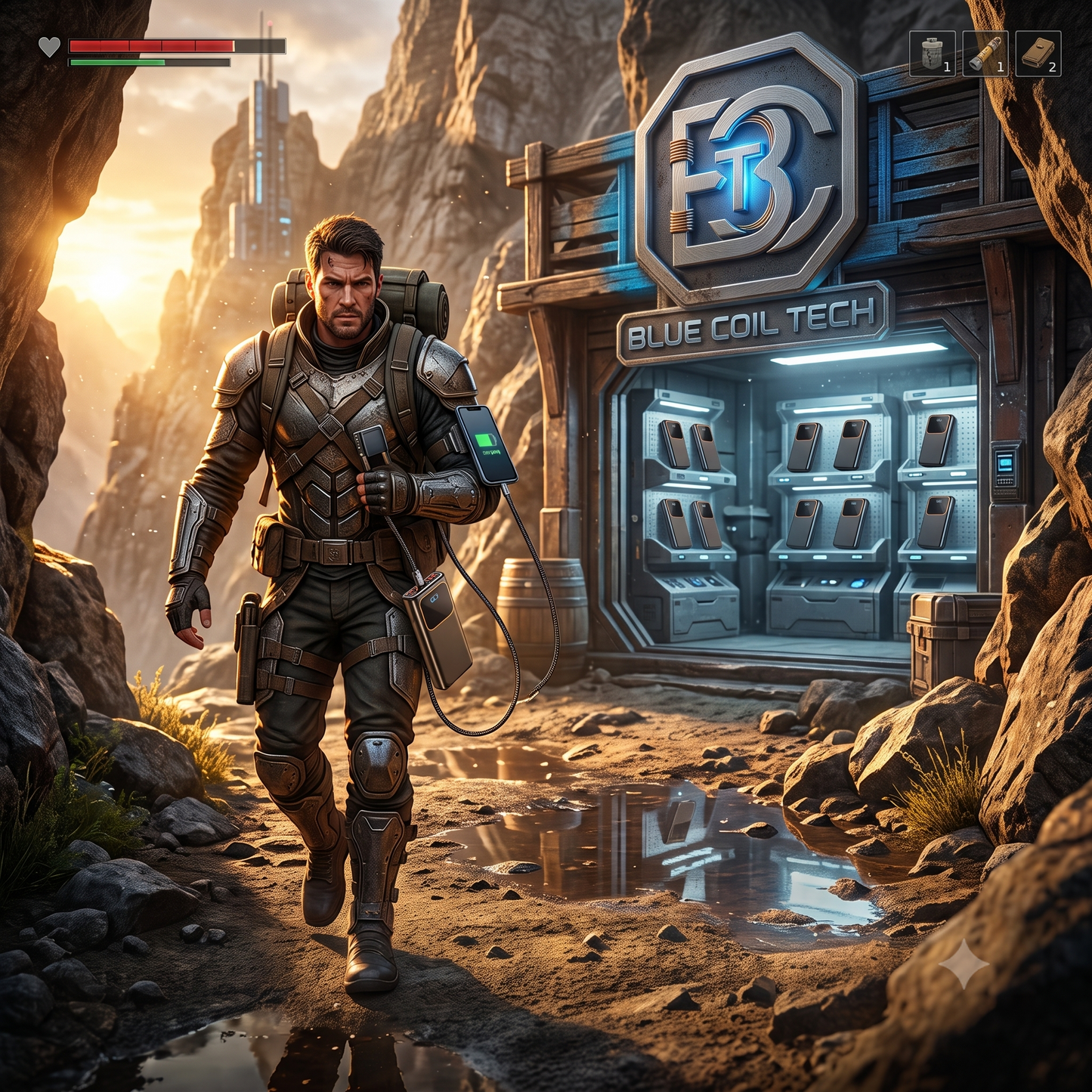 Armored man in a sunlit rocky canyon uses an arm device wired to a waist charger near a Blue Coil Tech storefront.
