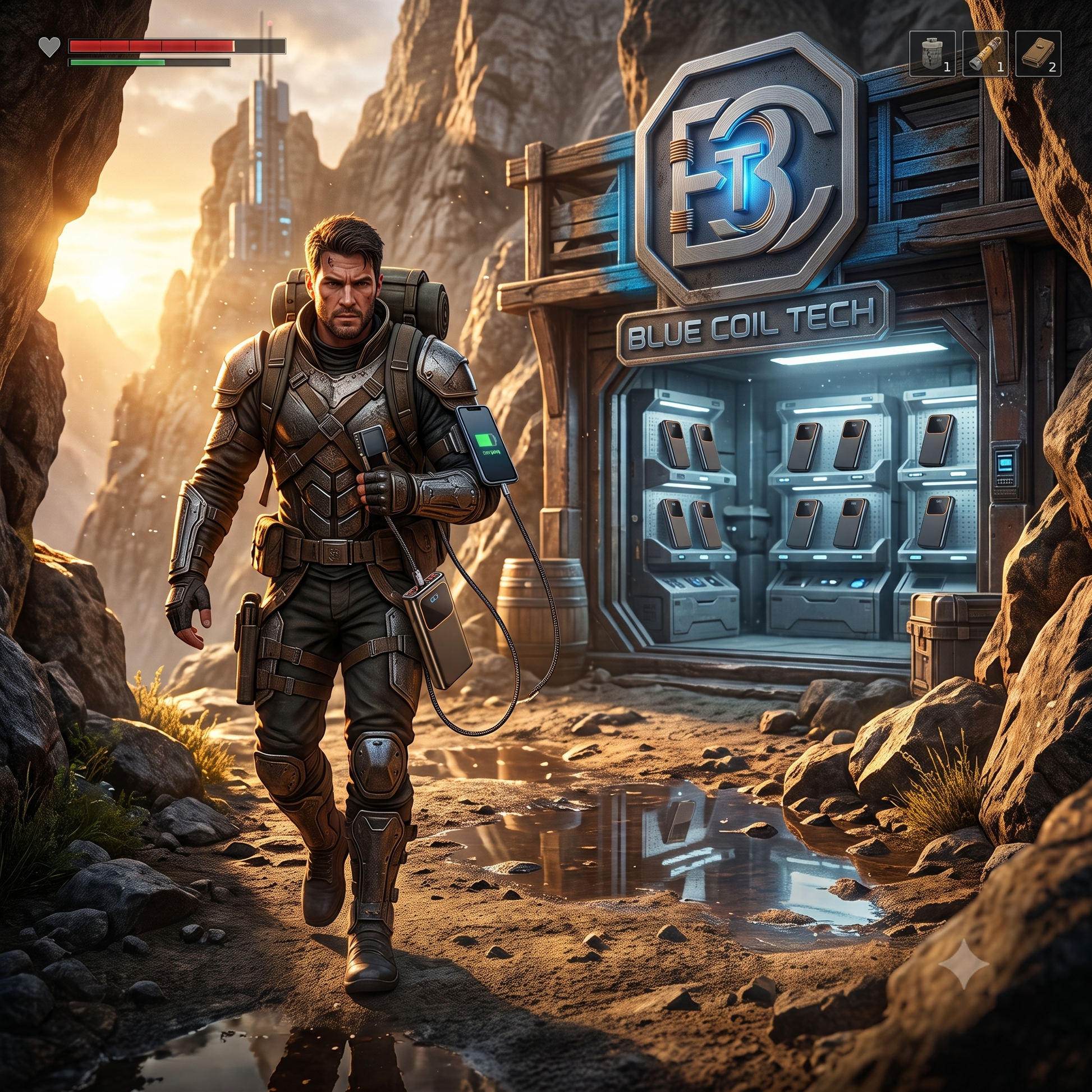 Armored man in a sunlit rocky canyon uses an arm device wired to a waist charger near a Blue Coil Tech storefront.