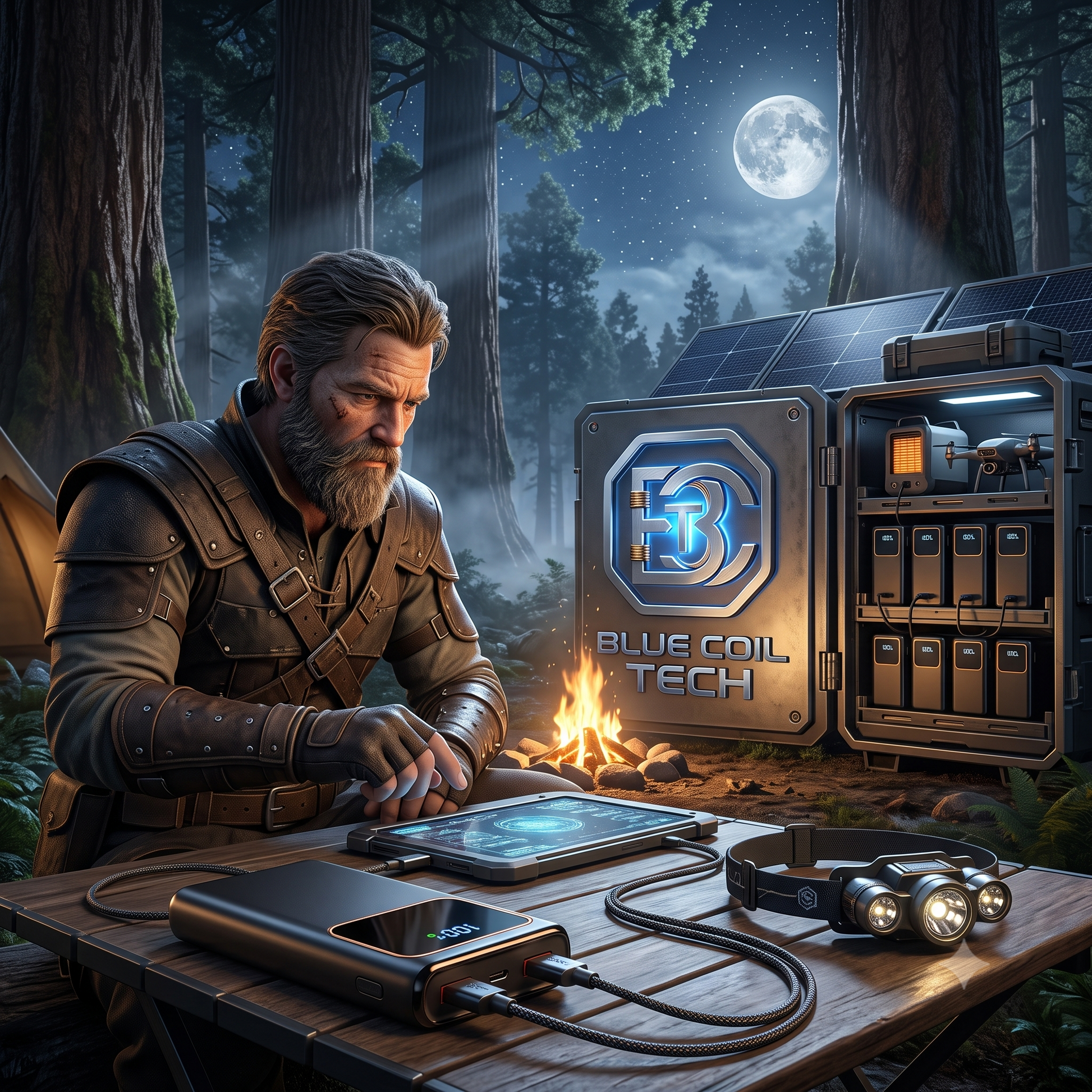Bearded man in moonlit foest camp uses tablt and headlamp charging via power bank near a Blue Coil Tech generator.