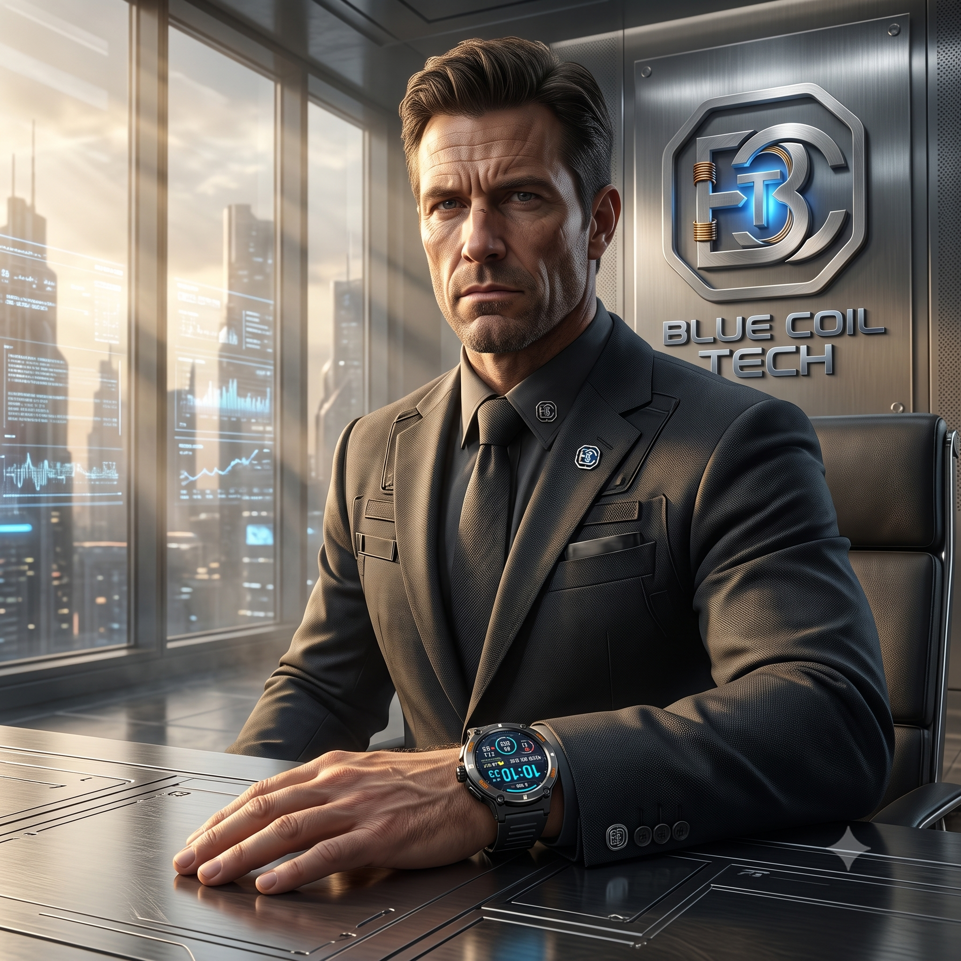 Executive in suit wearing a a smartwatch at a futuristic Blue Coil Teh desk with a city view.