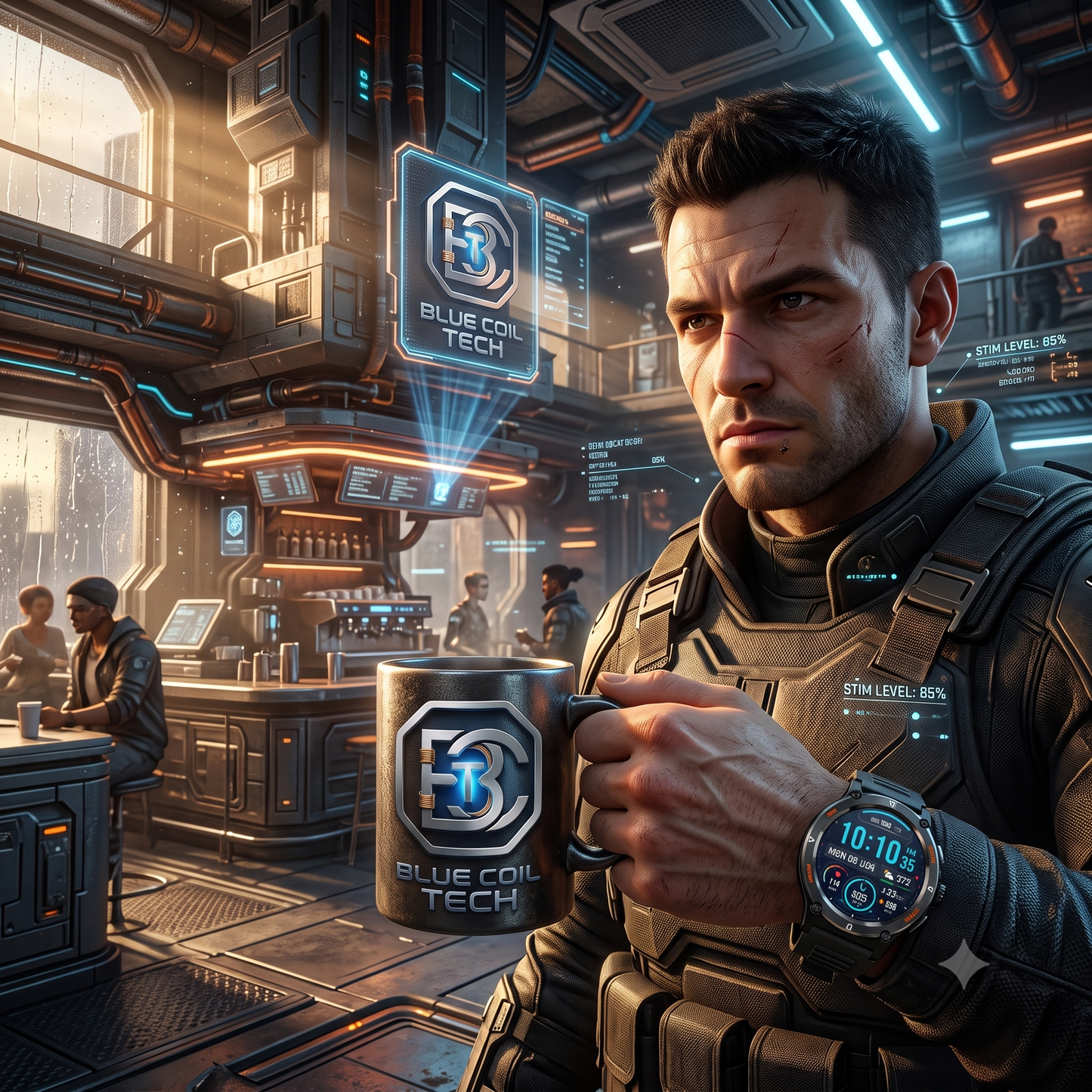 Tactical man in neon cyberpunk cafe holding a Blue Coil Tech mug and wearng a smartwach.