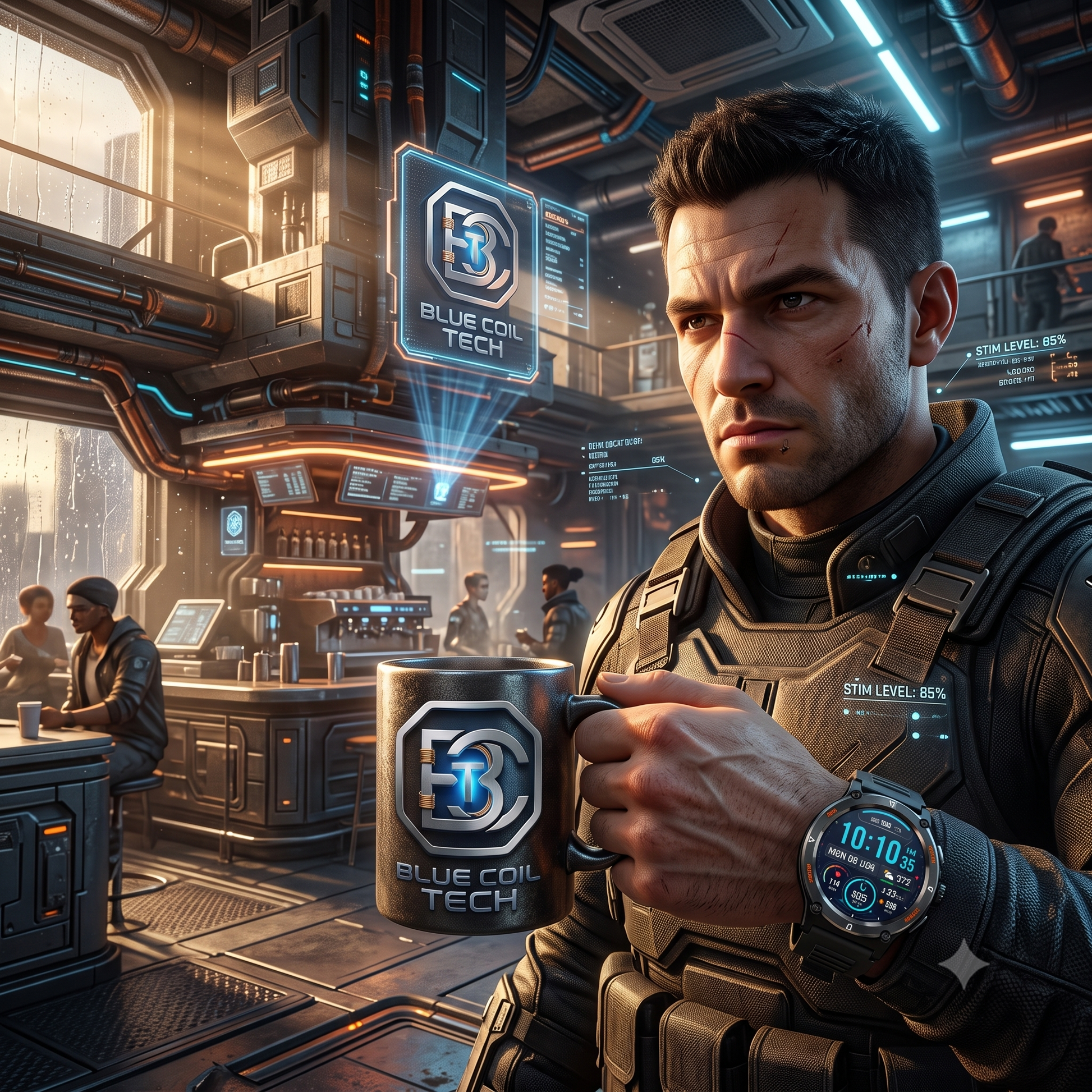 Tactical man in neon cyberpunk cafe holding a Blue Coil Tech mug and wearng a smartwach.
