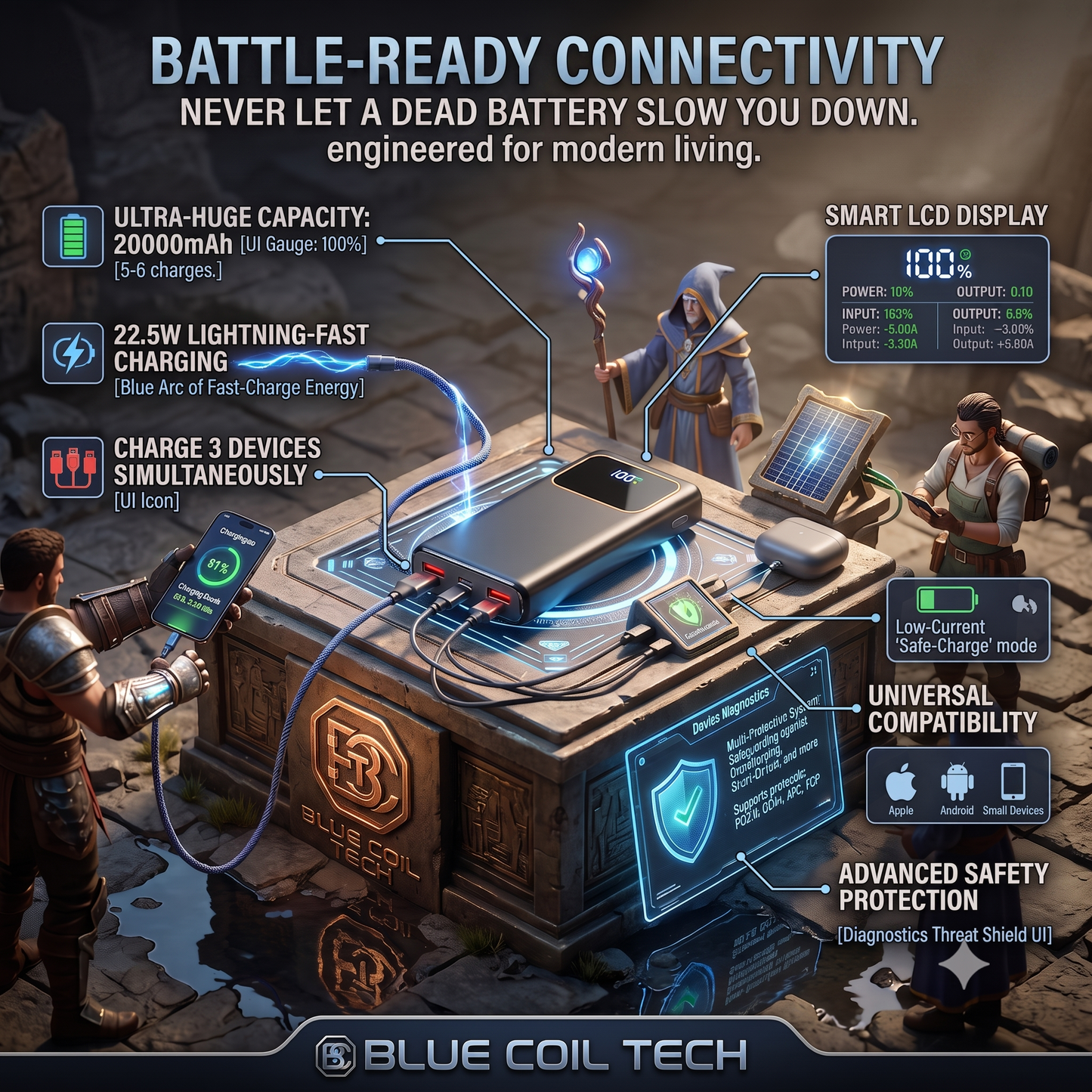 Blue Coil Tech 20000mAh power bank on a glowing stone pedestal charging a warrior's phone, flanked by a wizard.